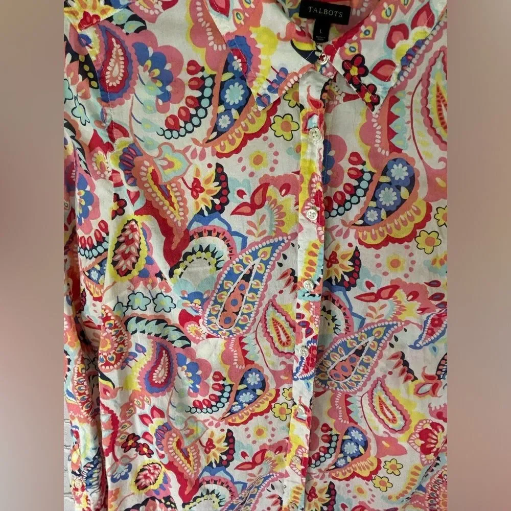 Talbots Button Up Bright Pink Paisley Preppy Coastal Beach Roll Tab Sleeve Large